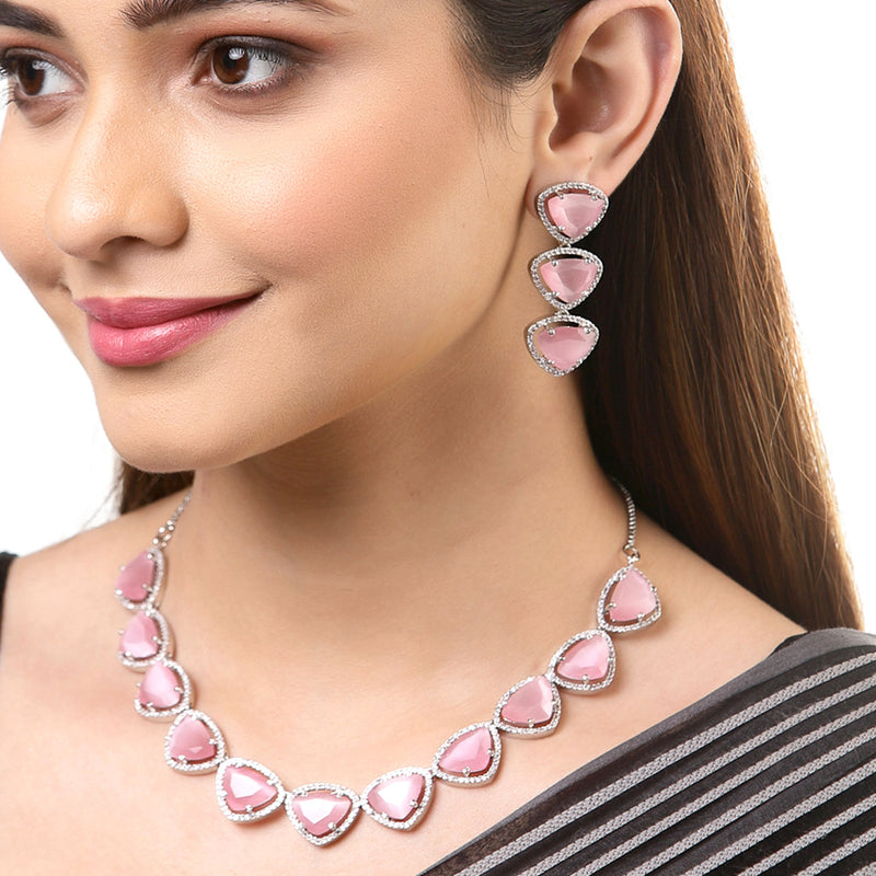 Rhodium-Plated with Silver-Tone Pink American Diamond Studded Jewellery Set