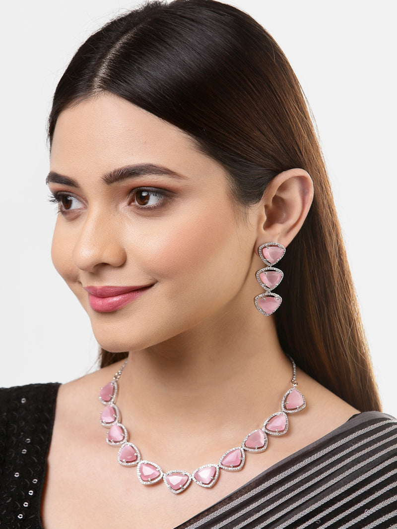 Rhodium-Plated with Silver-Tone Pink American Diamond Studded Jewellery Set