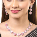 Rhodium-Plated with Silver-Tone Pink American Diamond Studded Jewellery Set