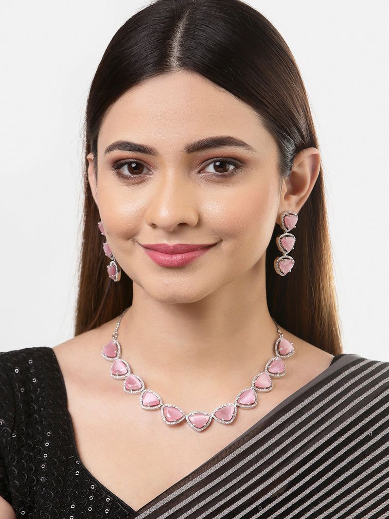 Rhodium-Plated with Silver-Tone Pink American Diamond Studded Jewellery Set