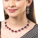 Rhodium-Plated with Silver-Tone Triangular Red & White American Diamond Studded Jewellery Set