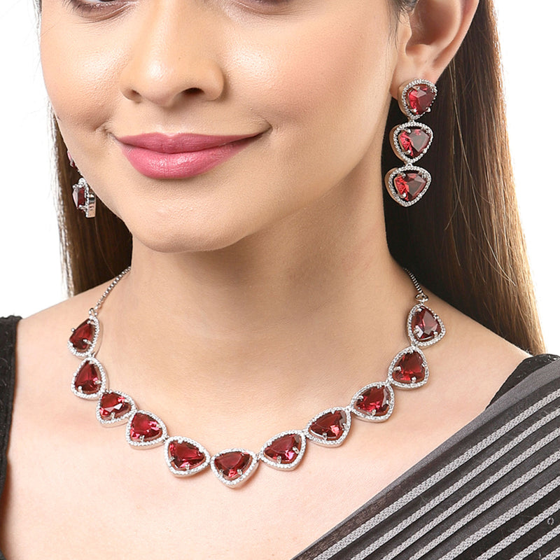 Rhodium-Plated with Silver-Tone Triangular Red & White American Diamond Studded Jewellery Set