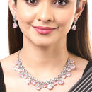 Rhodium-Plated with Silver-Tone White & Pink American Diamond-Studded Jewellery Set