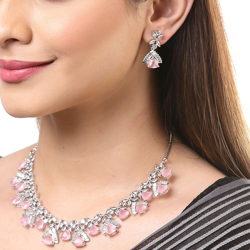 Rhodium-Plated with Silver-Tone White & Pink American Diamond-Studded Jewellery Set