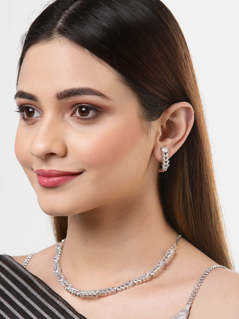 Rhodium-Plated with Silver-Tone & White American Diamond-Studded Jewellery Set