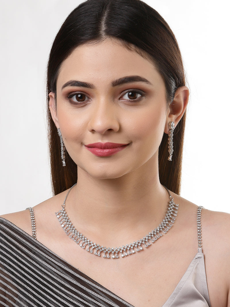 Rhodium-Plated with Silver-Tone & White American Diamond Studded Jewellery Set