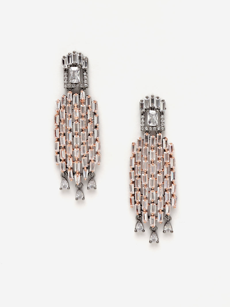 White Contemporary Rose Gold-Plated Gunmetal Toned Drop Earrings