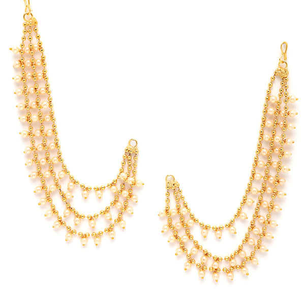 Gold-Toned White Drop Beaded Layered Gold-Plated Earring Chain