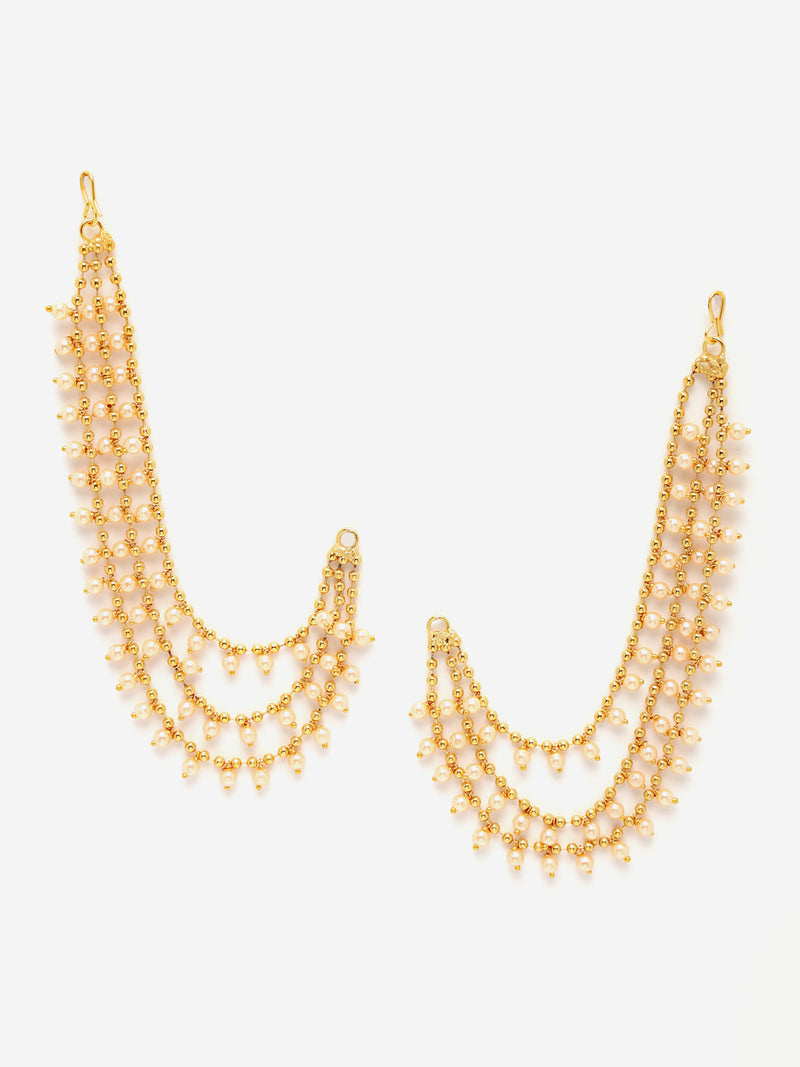 Gold-Toned White Drop Beaded Layered Gold-Plated Earring Chain