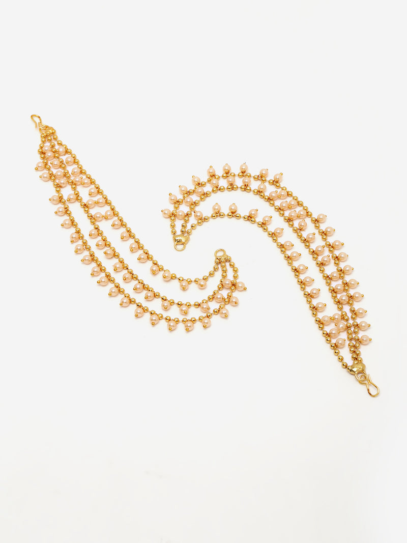 Gold-Toned White Drop Beaded Layered Gold-Plated Earring Chain