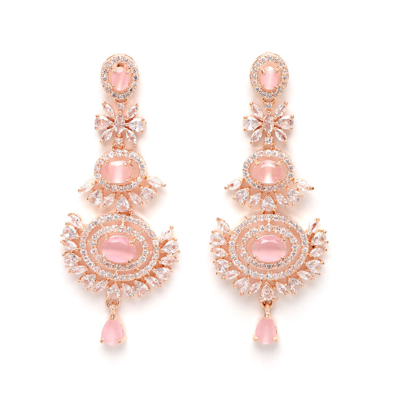 Rose Gold-Plated Pink American Diamond Studded Maang Tikka  With Earring
