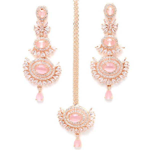 Rose Gold-Plated Pink American Diamond Studded Maang Tikka  With Earring