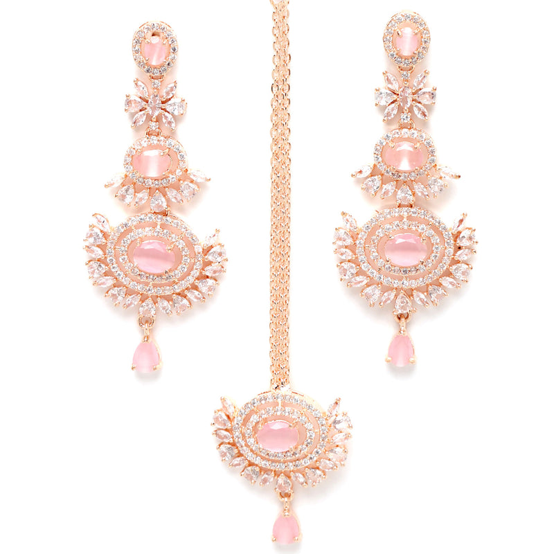 Rose Gold-Plated Pink American Diamond Studded Maang Tikka  With Earring
