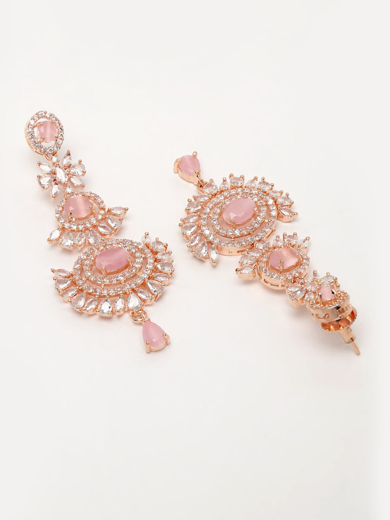Rose Gold Plated American Diamond Studded Maang Tikka & Earrings Jewellery Set