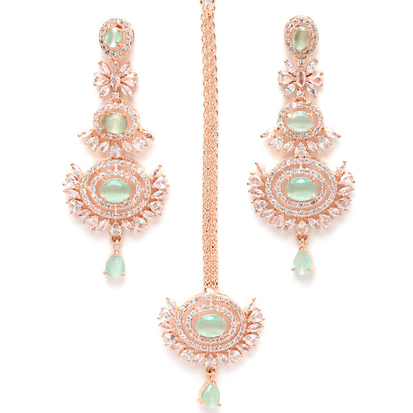 Rose Gold-Plated Sea Green American Diamond Studded Maang Tikka  With Earring