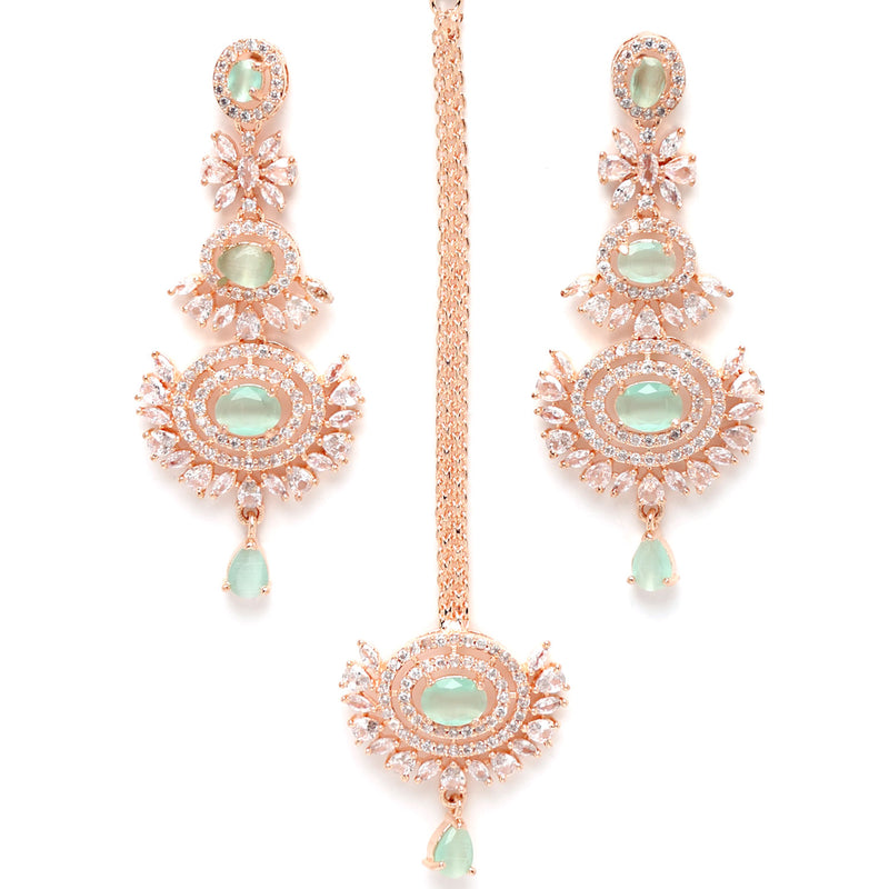 Rose Gold-Plated Sea Green American Diamond Studded Maang Tikka  With Earring
