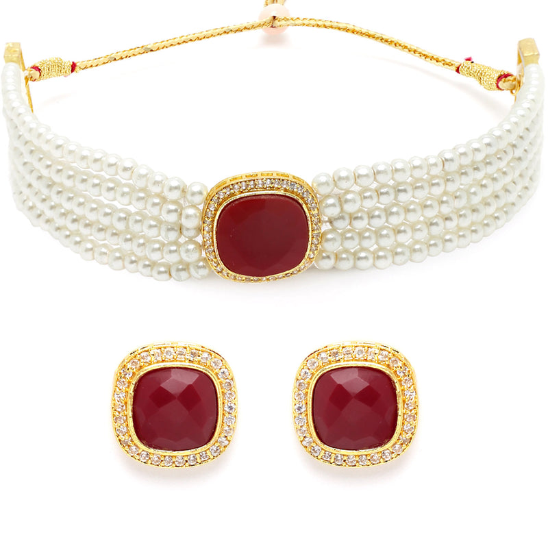 Red & White Gold-Plated Pearls & Stone Studded Jewellery Set