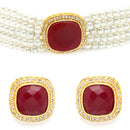 Red & White Gold-Plated Pearls & Stone Studded Jewellery Set