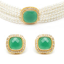 White Pearl Beaded with Green American Diamond Stone Gold-Plated Jewellery Set