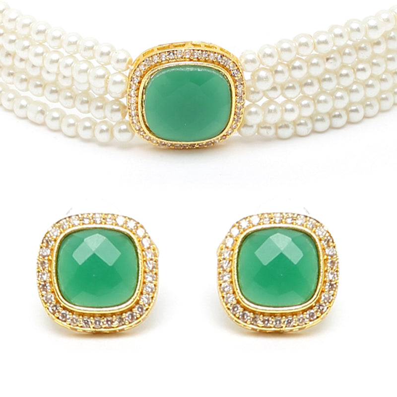 White Pearl Beaded with Green American Diamond Stone Gold-Plated Jewellery Set