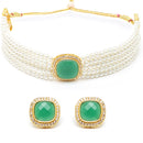White Pearl Beaded with Green American Diamond Stone Gold-Plated Jewellery Set