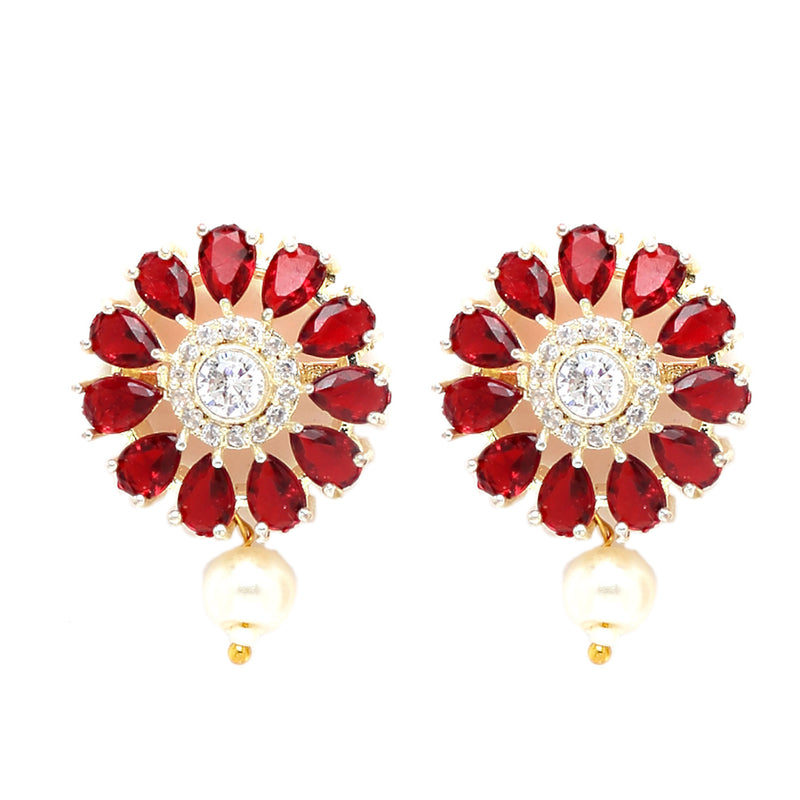 Rhodium-Plated with Silver-Tone Red Stone Studded Jewellery Set