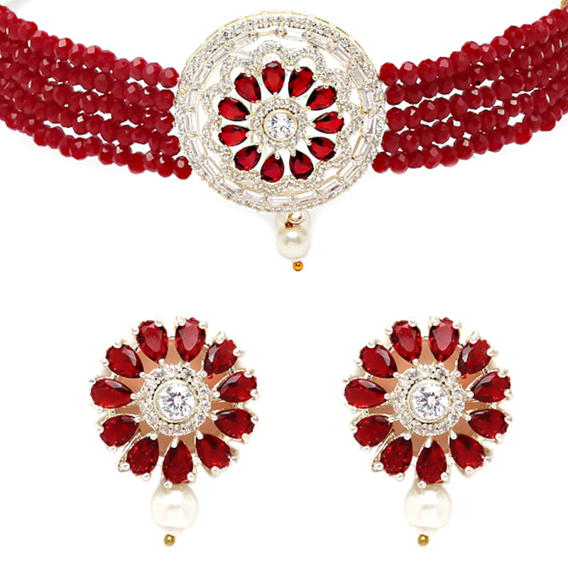 Rhodium-Plated with Silver-Tone Red Stone Studded Jewellery Set