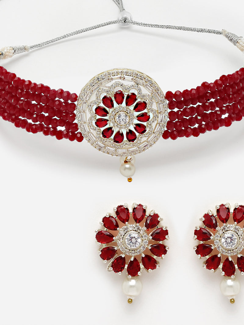Rhodium-Plated with Silver-Tone Red Stone Studded Jewellery Set