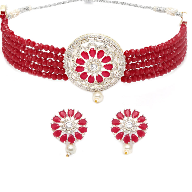 Rhodium-Plated with Oxidized Silver-Tone Red Stone-Studded & Pearl-Beaded Jewellery Set