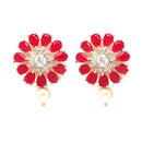 Rhodium-Plated with Oxidized Silver-Tone Red Stone-Studded & Pearl-Beaded Jewellery Set