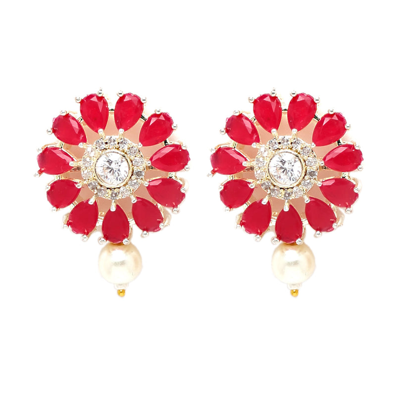 Rhodium-Plated with Oxidized Silver-Tone Red Stone-Studded & Pearl-Beaded Jewellery Set