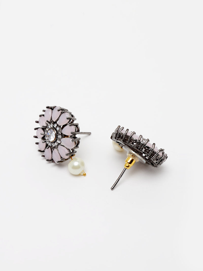 Rhodium-Plated with Silver-Tone Pink Stone Studded Oxidized Choker Jewellery Set