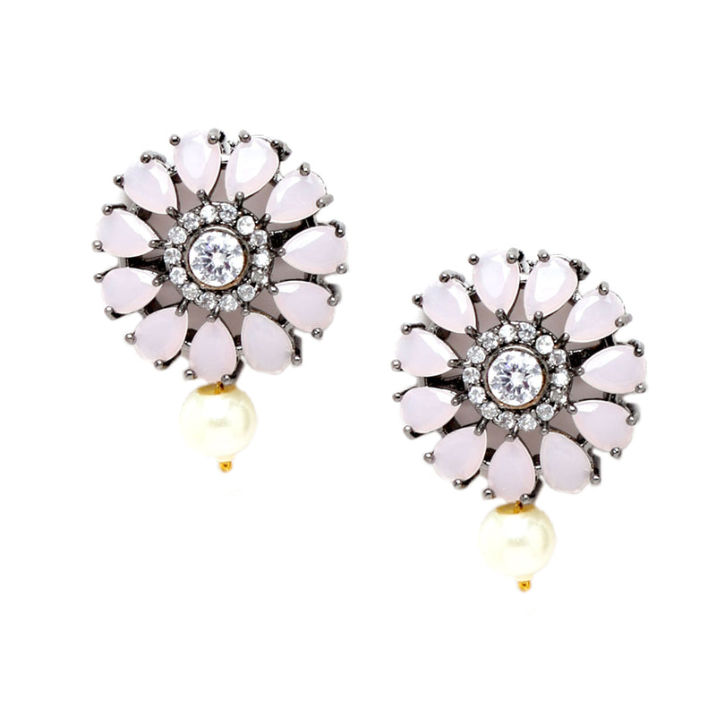 Rhodium-Plated with Silver-Tone Pink Stone Studded Oxidized Choker Jewellery Set