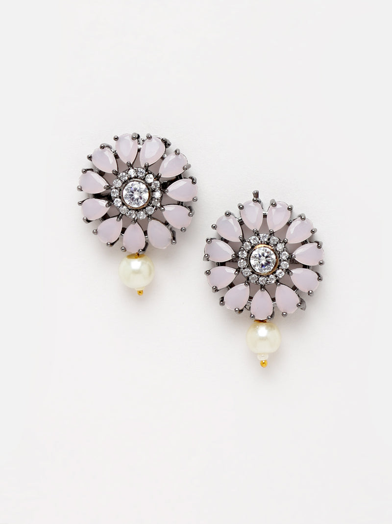 Rhodium-Plated with Silver-Tone Pink Stone Studded Oxidized Choker Jewellery Set