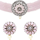 Rhodium-Plated with Silver-Tone Pink Stone Studded Oxidized Choker Jewellery Set