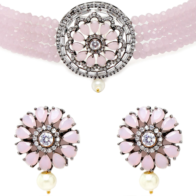 Rhodium-Plated with Silver-Tone Pink Stone Studded Oxidized Choker Jewellery Set