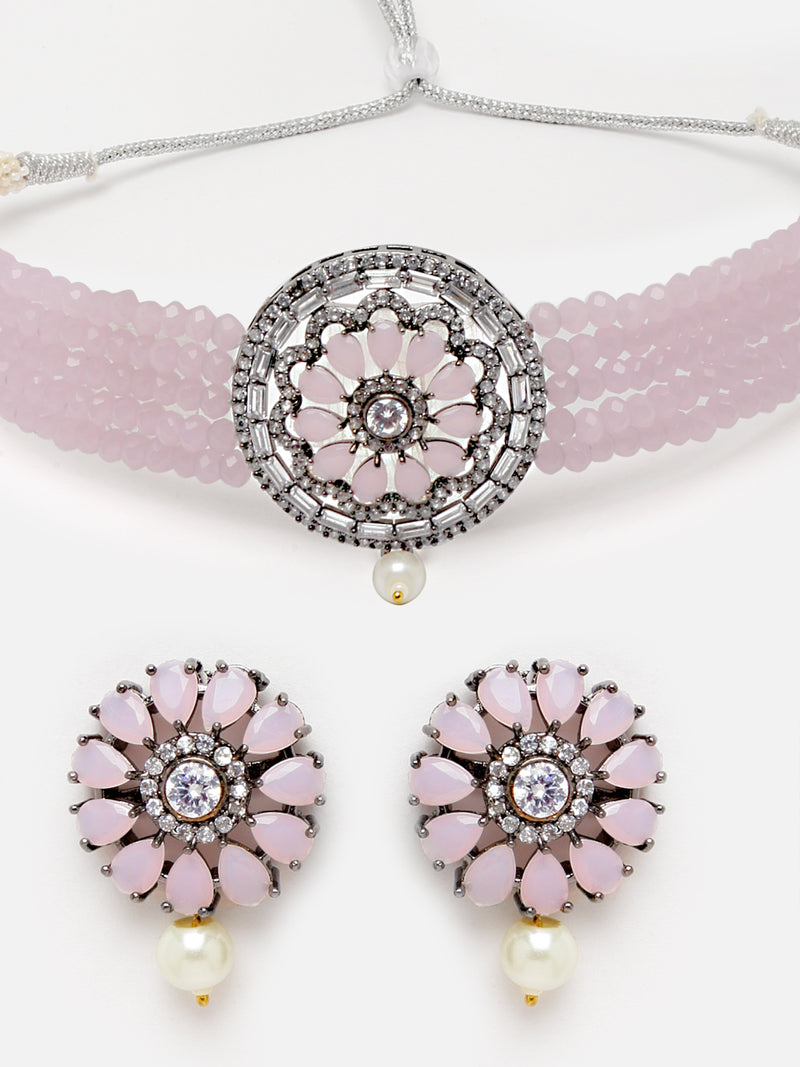 Rhodium-Plated with Silver-Tone Pink Stone Studded Oxidized Choker Jewellery Set