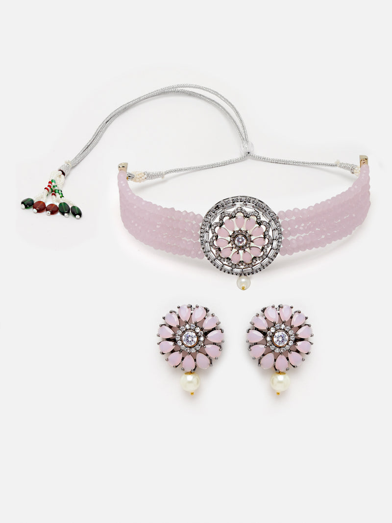 Rhodium-Plated with Silver-Tone Pink Stone Studded Oxidized Choker Jewellery Set