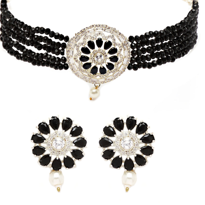Rhodium-Plated with Oxidized Silver-Tone Black & White Stones-Studded & Pearl-Beaded Jewellery Set