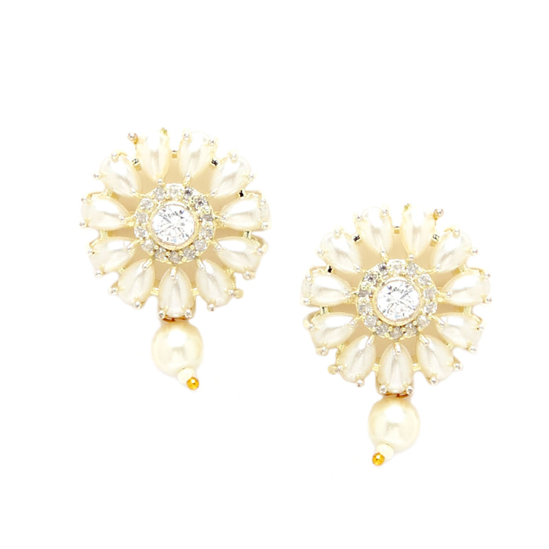 Rhodium-Plated with Silver-Tone White Stone-Studded Pearl-Beaded Jewellery Set