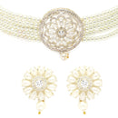 Rhodium-Plated with Silver-Tone White Stone-Studded Pearl-Beaded Jewellery Set