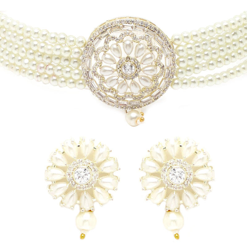 Rhodium-Plated with Silver-Tone White Stone-Studded Pearl-Beaded Jewellery Set