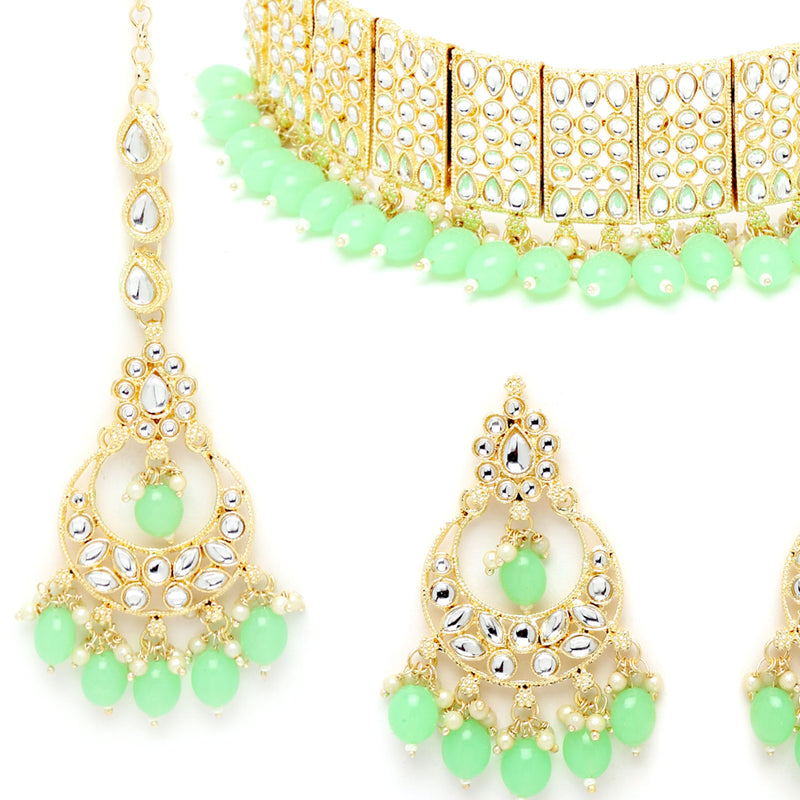 Meenakari Choker Gold-Plated Sea Green & White Kundan-Studded & Beaded Jewellery Set
