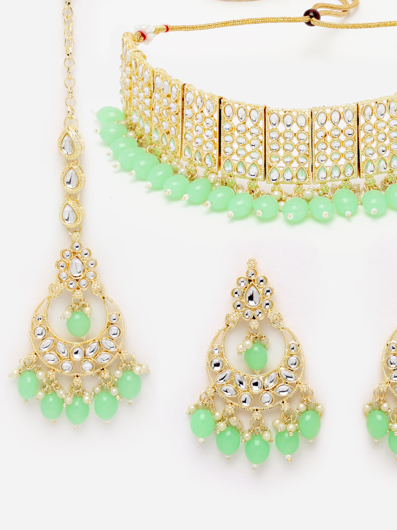 Meenakari Choker Gold-Plated Sea Green & White Kundan-Studded & Beaded Jewellery Set