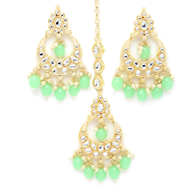 Meenakari Choker Gold-Plated Sea Green & White Kundan-Studded & Beaded Jewellery Set