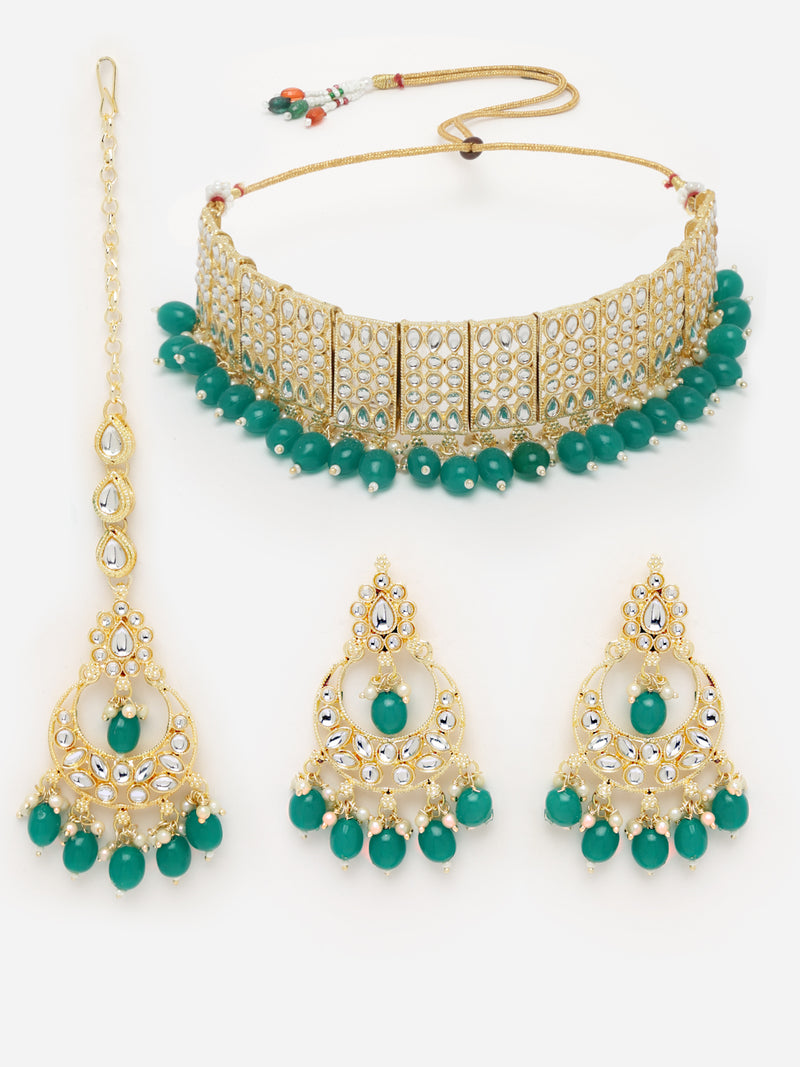 Teal Blue Gold-Plated Kundan Studded Jewelry Set