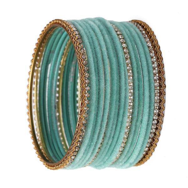 Gold-Plated Turquoise Blue Matte Finish Velvet White American Diamonds Studded Bangles Set Of 36