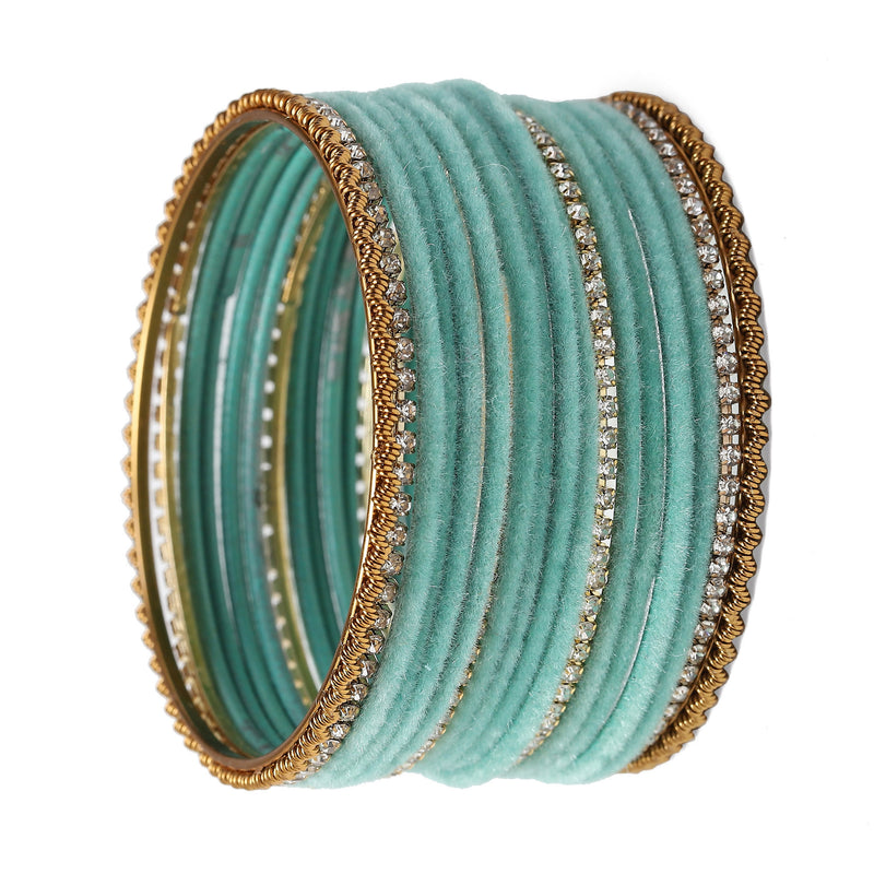 Gold-Plated Turquoise Blue Matte Finish Velvet White American Diamonds Studded Bangles Set Of 36