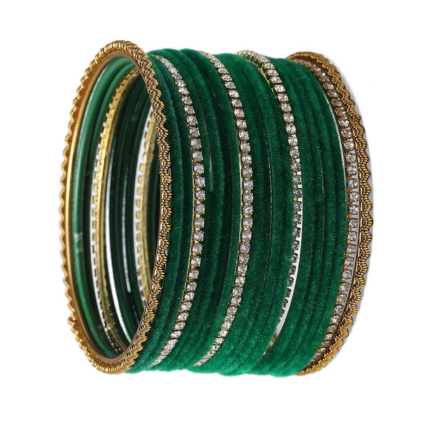 Gold-Plated Green Matte Finish Velvet White American Diamonds Studded Bangles (Set Of 36)