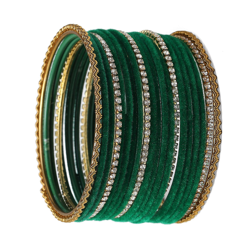 Gold-Plated Green Matte Finish Velvet White American Diamonds Studded Bangles (Set Of 36)